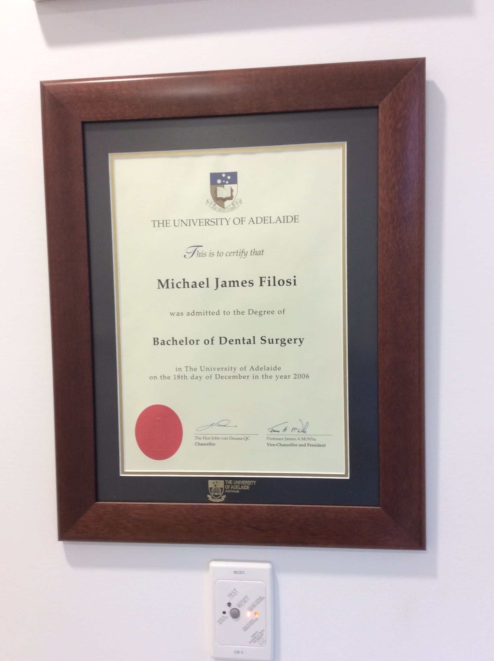 Dr. Michael Filosi's Bachelor of Dental Surgery degree from The University of Adelaide, December 2006