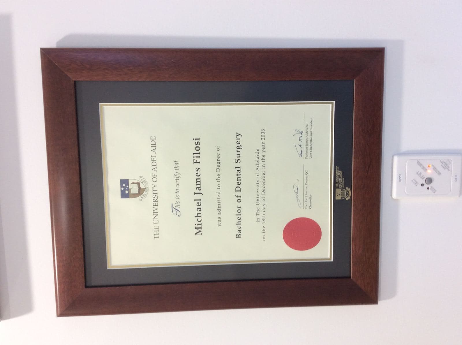Dr. Michael Filosi's Bachelor of Dental Surgery degree from The University of Adelaide, December 2006
