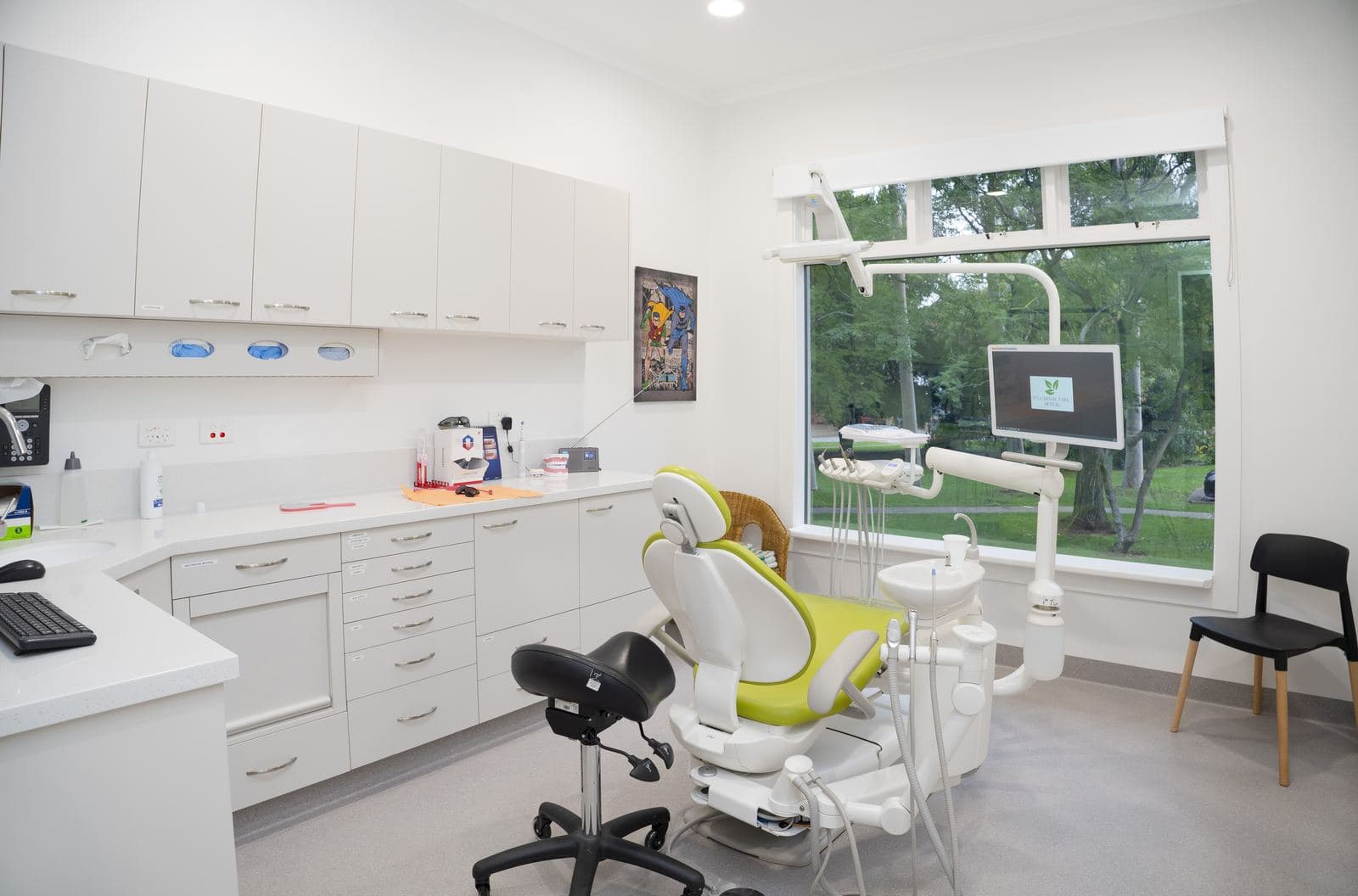Inside a completed surgery at Fullarton Park Dental, Adelaide: ten chairs, custom cabinetry, dental-compliant fit-out