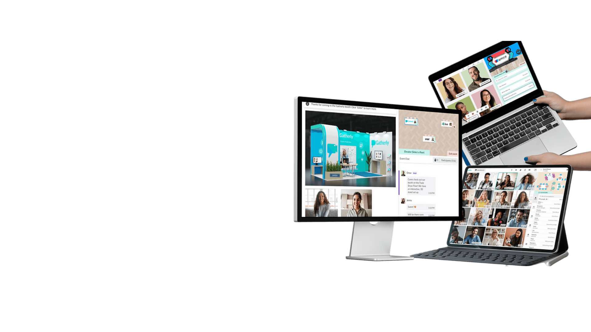 Gatherly running across desktop, tablet, and laptop devices