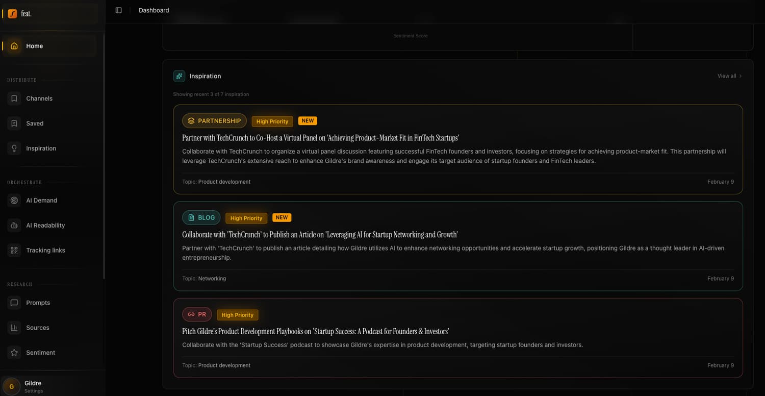 Feature.com dashboard, AI-powered content marketing and partnership discovery