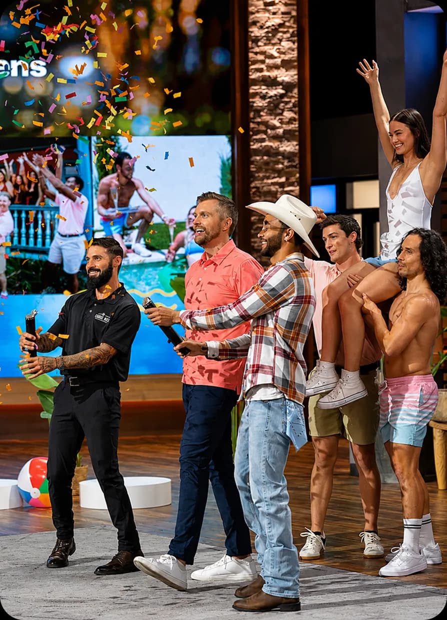 Nelson Brooks and the Cabana Boys team celebrating their Shark Tank deal with confetti